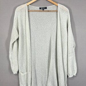 Ye Mak Cardigan Sweater Women's Medium Ivory Open Front Knit Pockets Roll Tab